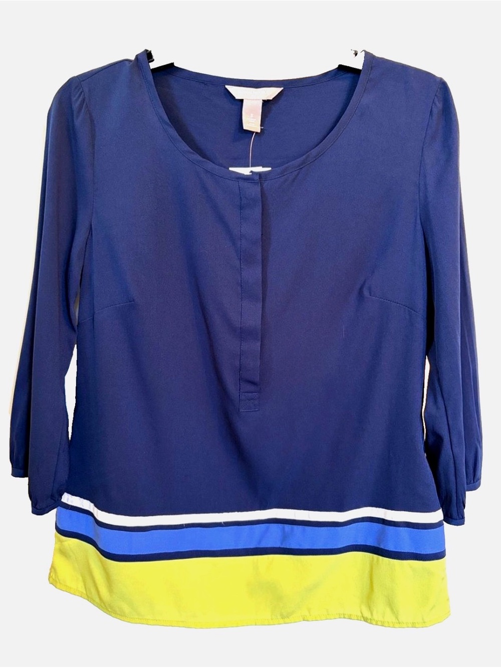 NWT Banana Republic Colorblock Blouse Small Navy Blue Yellow 3/4 Sleeve